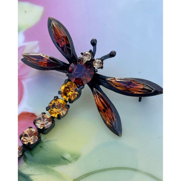 Vintage Brooch Articulated Dragonfly Brown Orange Rhinestones - Picture 8 of 10